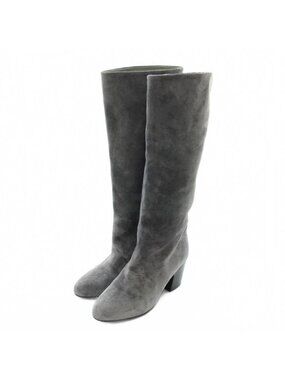 Chanel Long Boots Suede Round Toe Chunky Heel CC Logo 35.5